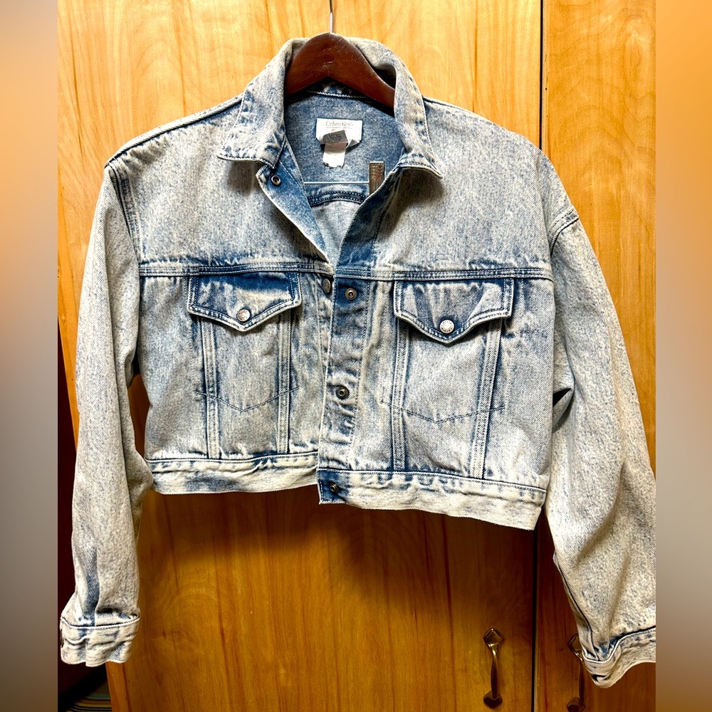 RETRO 90s CALVIN KLEIN SPORT CROPPED ACID WASHED JEAN JACKET S DISTRESSED BAT